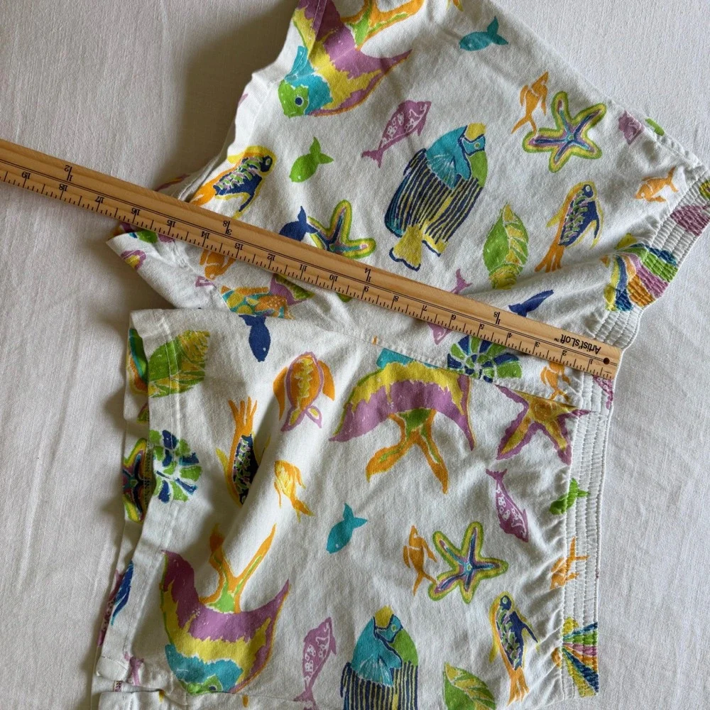 80's Cotton Connection Tropical Fish Set White Short Sleeve Shorts Womens M